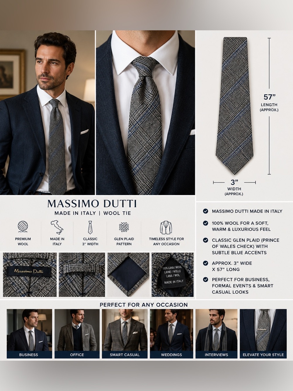 Massimo Dutti Gray Blue Glen Plaid Wool Tie 3" x 57" Classic Necktie